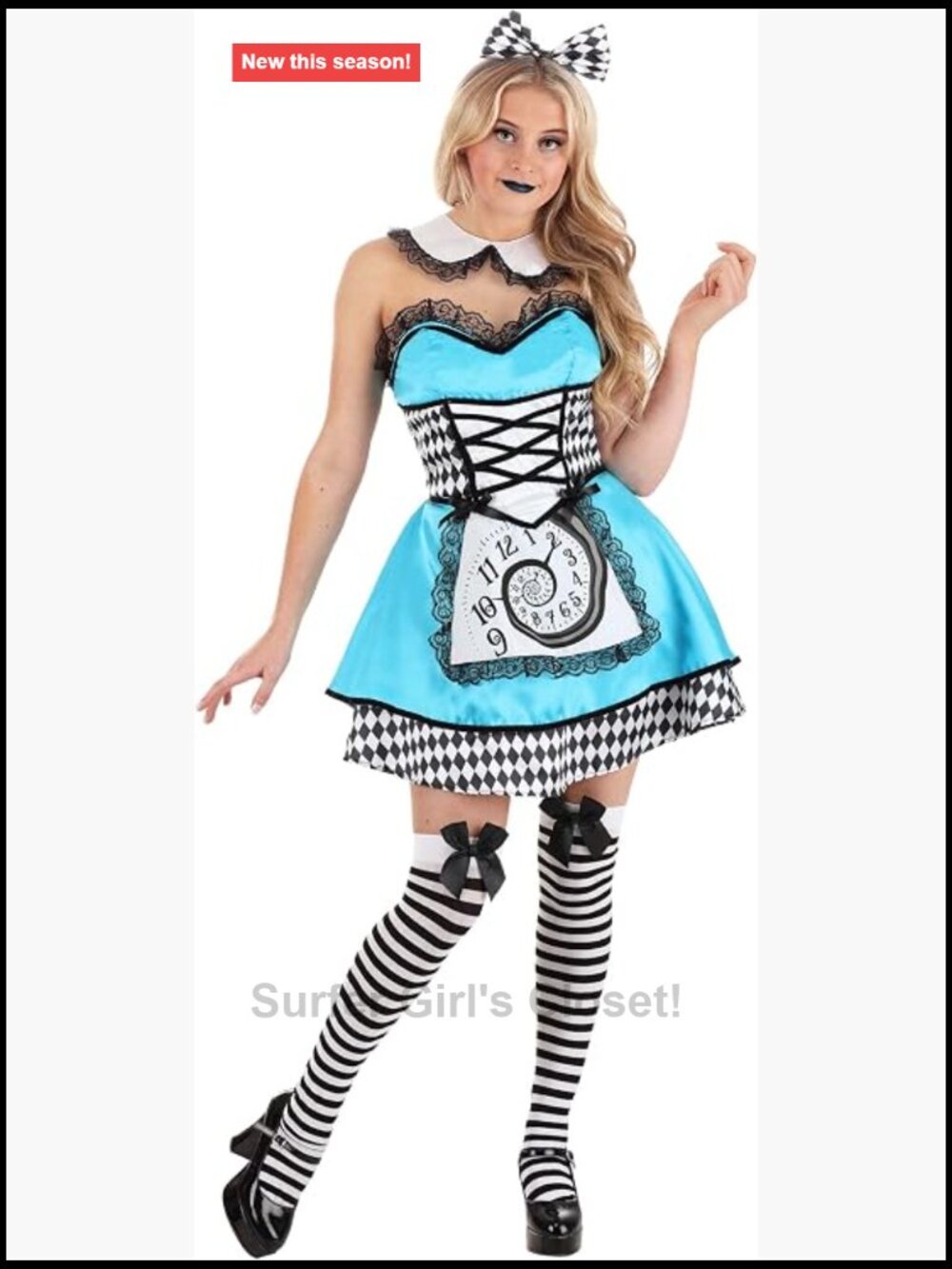 Gothic Wonderland Costume Dress Set Apron Collar Headband Stockings